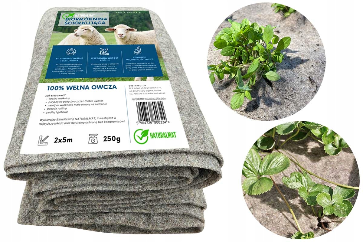 Biowłóknina ściółkująca gruba 250g z wełny owczej 2x5 mb na chwasty