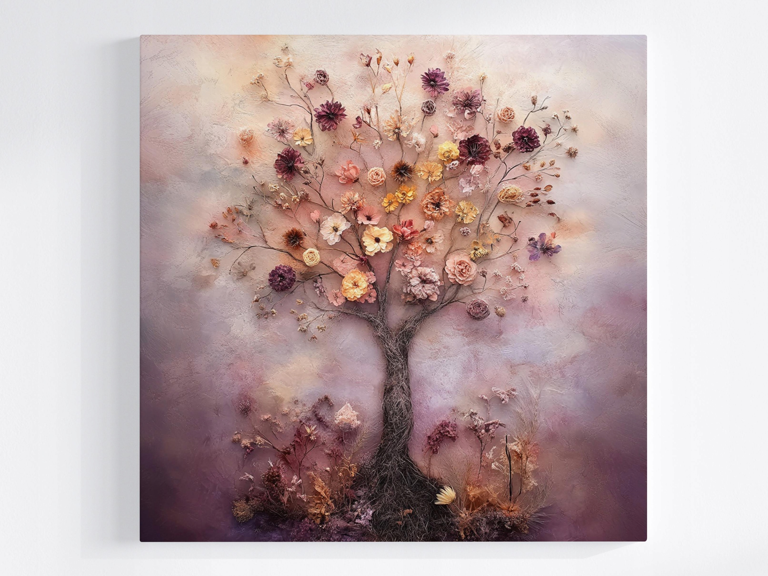Obraz Na Plátně Canvas Dekorace Sušené Květiny Plst Boho Dřevo 80x80