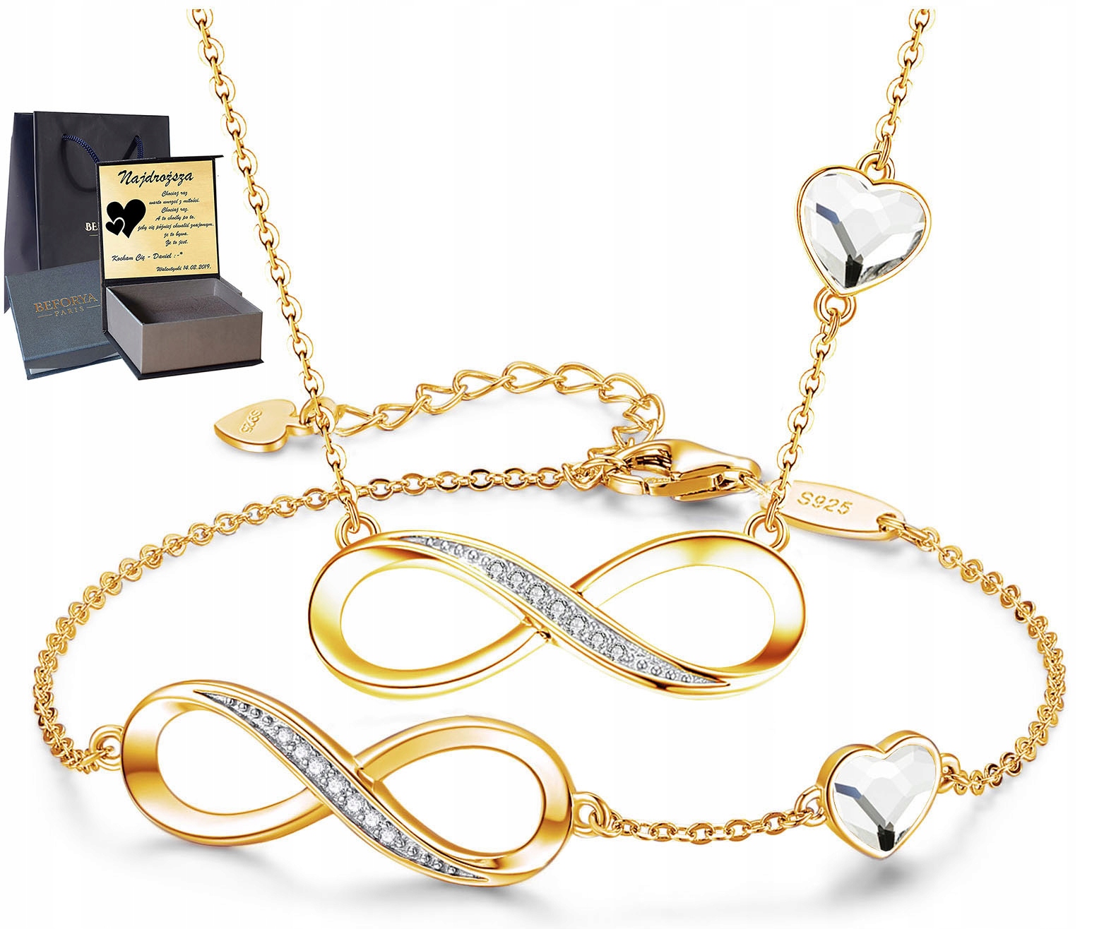 Zlatá Sada stříbrných šperků 925 srdíčky Zirkony Gravírování jako dárek