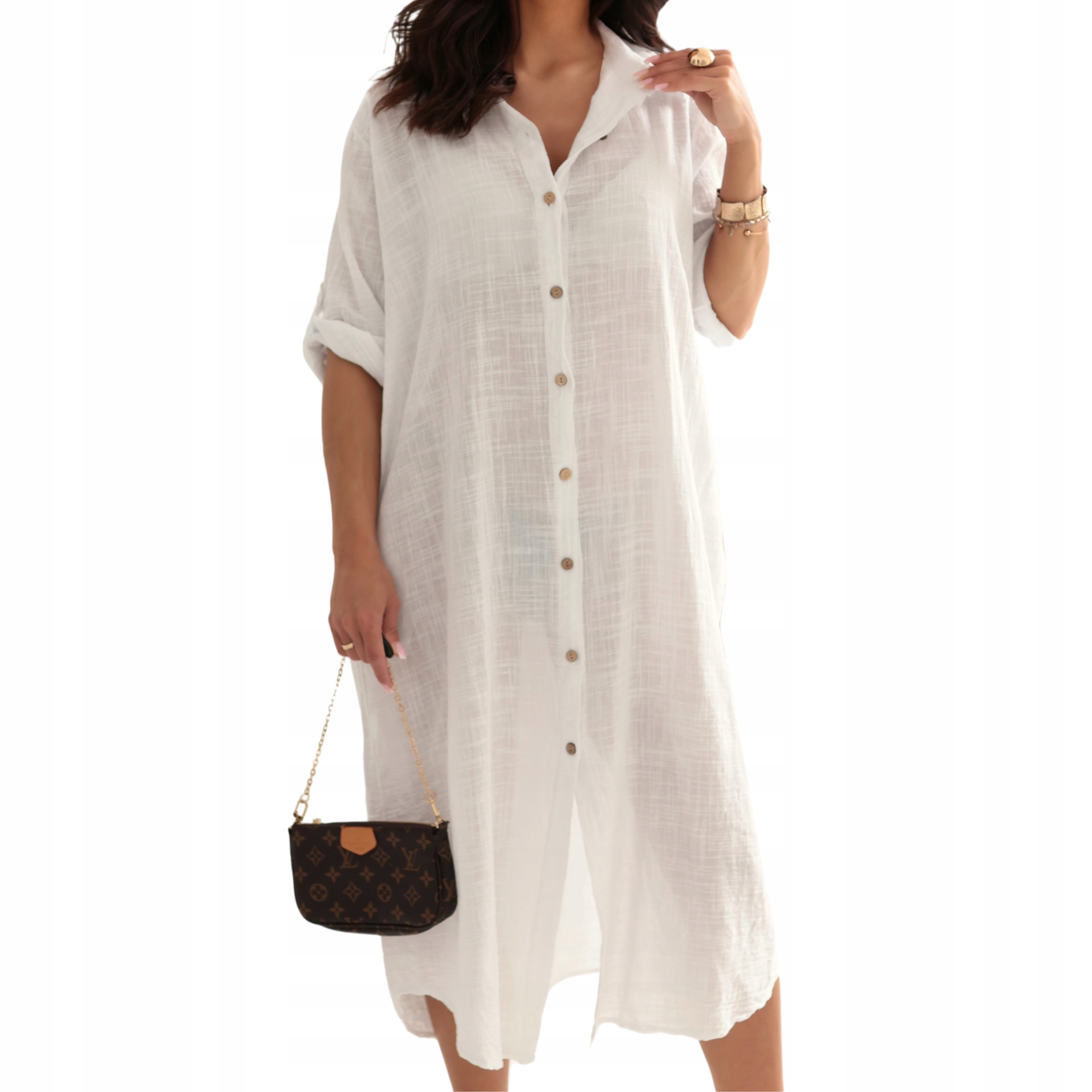 Sukienka letnia luźna midi bawełniana koszulowa narzutka plażowa biały Uni