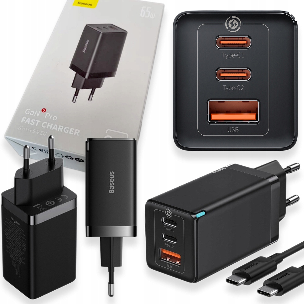 Baseus Rychlonabíječka do sítě, 2x Usb-c, výkonný adaptér 65W, Pd, Qc, technologie GaN5