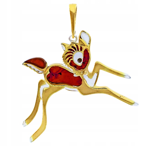 Zlatá Srnka jelen přívěsek s Baltským Jantarem stříbro 925 Pozlacené