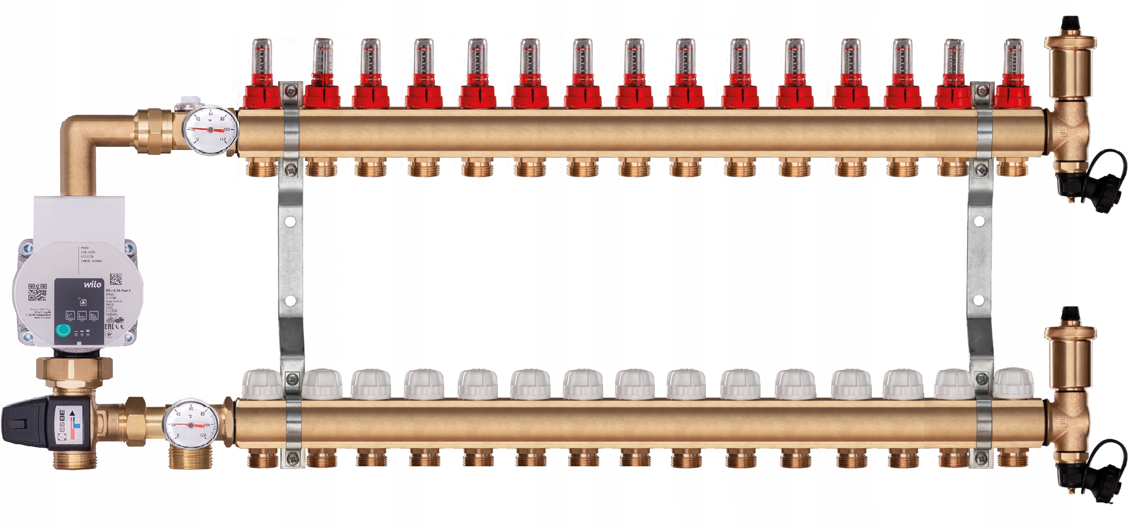 Mosazný rozdělovač pro podlahové topení 15 s Čerpací Skupinou Wilo