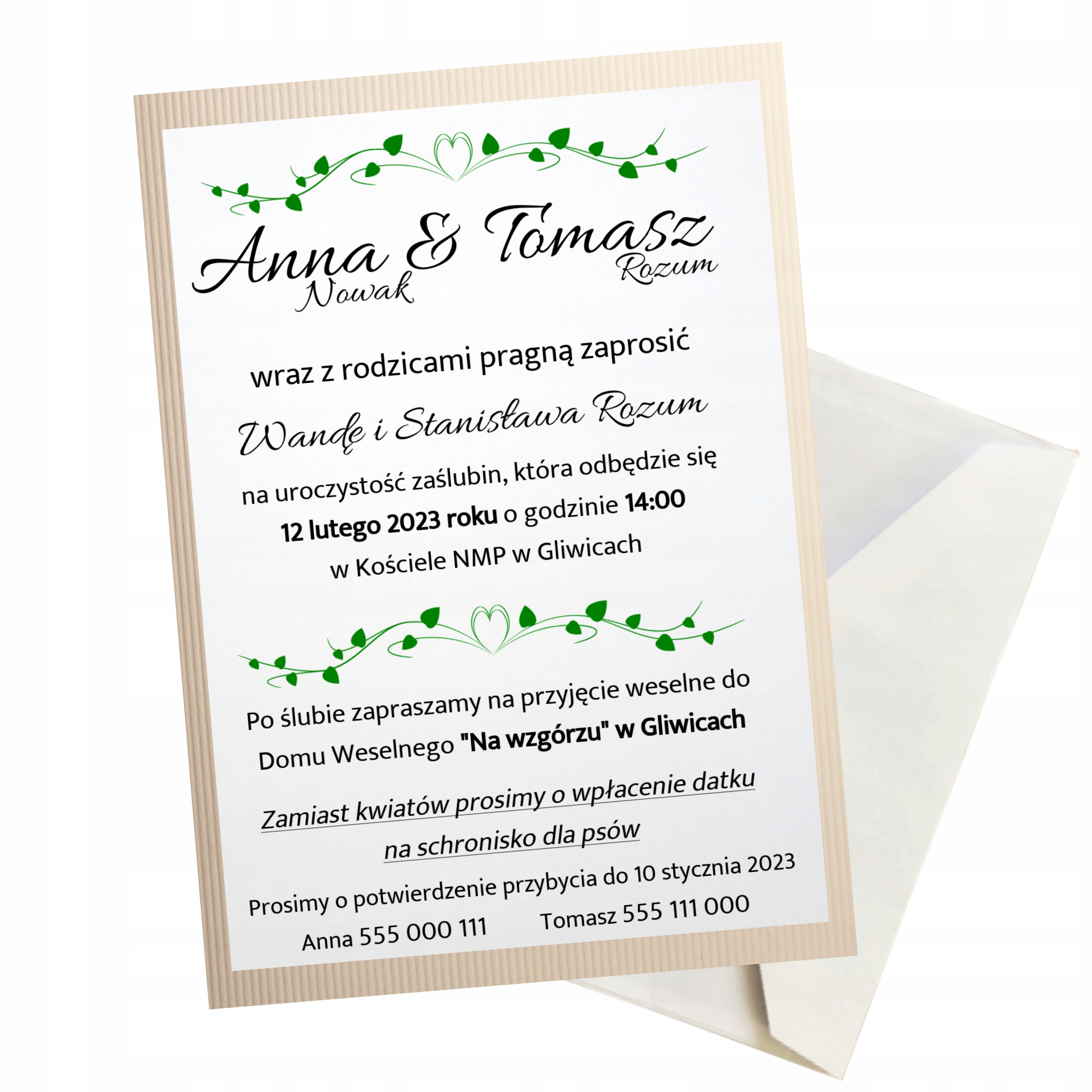 ZAPROSZENIE ŚLUBNE WESELNE + GRATIS KOPERTA