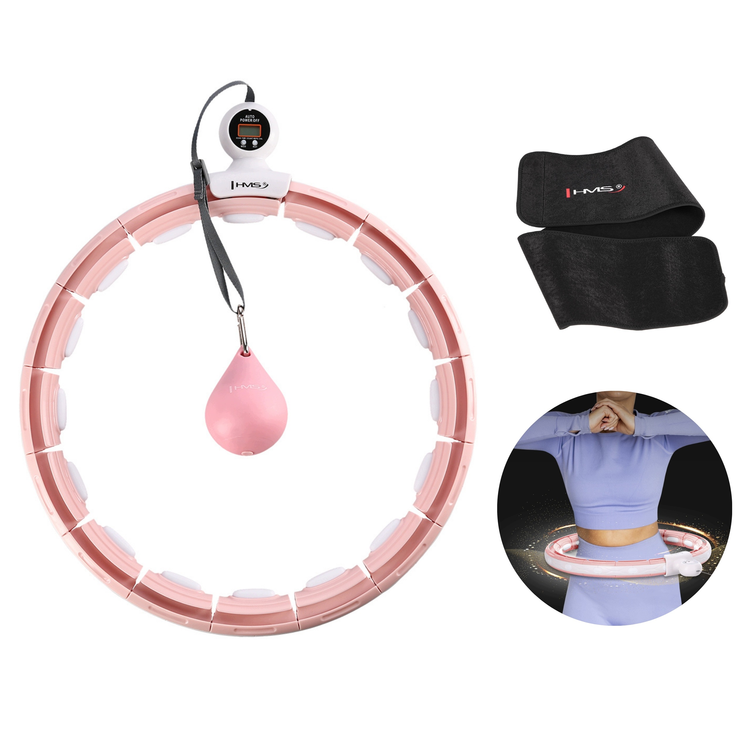 Hula hoop s masážním závažím, počítadlo, pás na hubnutí plus velikost Hms