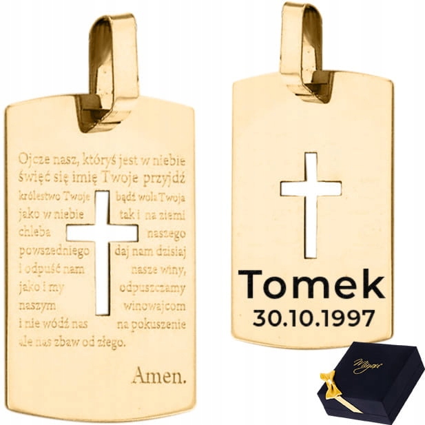 ZŁOTY NIEŚMIERTELNIK MĘSKI KRZYŻ Z MODLIWĄ I TWOIM GRAWEREM NA ODWROCIE