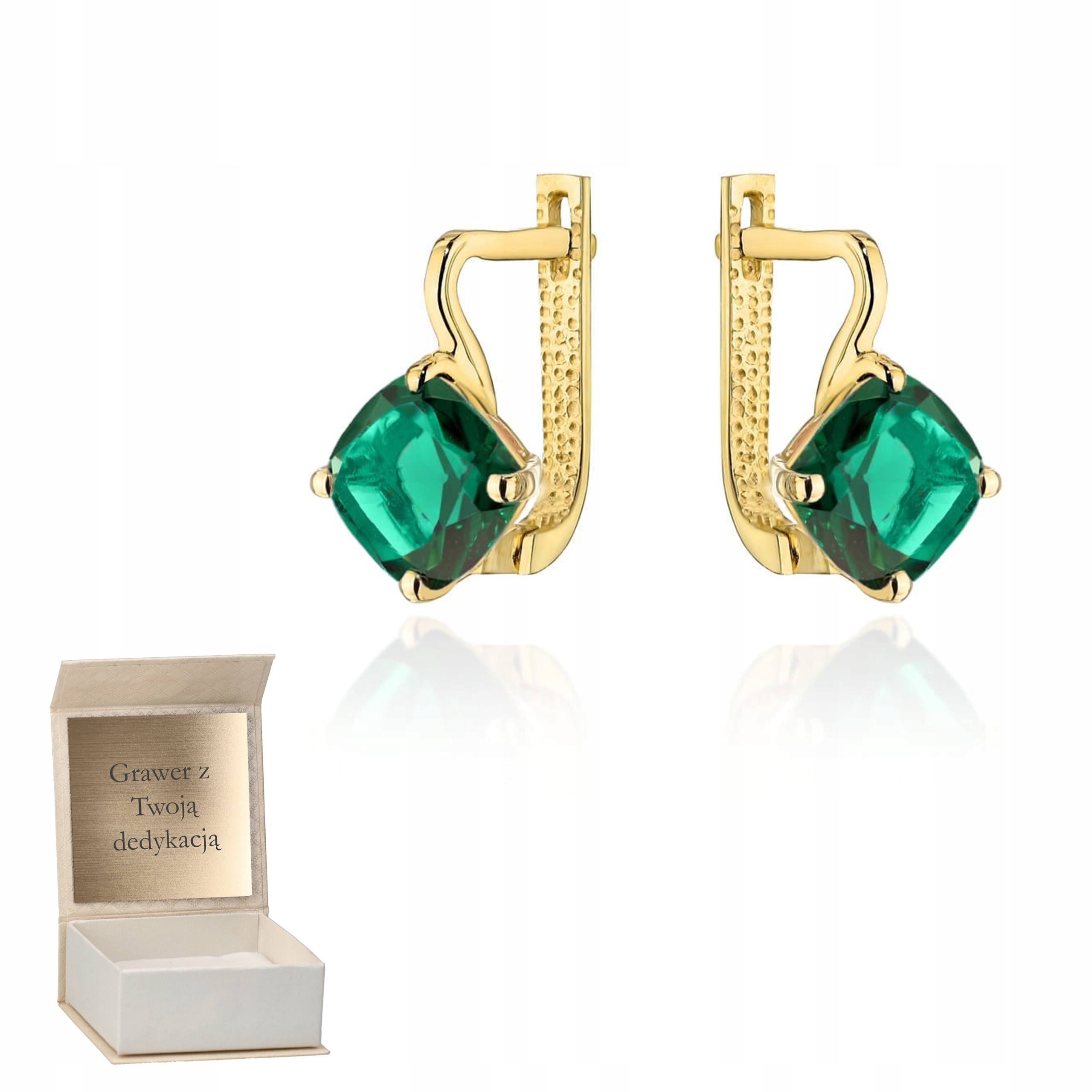 Zlaté náušnice Světle zelený Křemen Čtverec ang zapínání zlato pr. 585 Gravírování