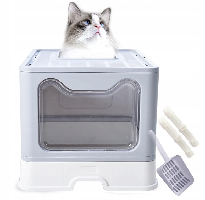 Kuweta dla kota zamykana składana z szufladą i łopatką 51x41x38 cm szara