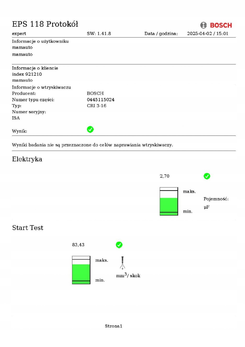 nozzle injector test 059130277S AUDI A6 C6 3.0 TDI 225 KM 04-08