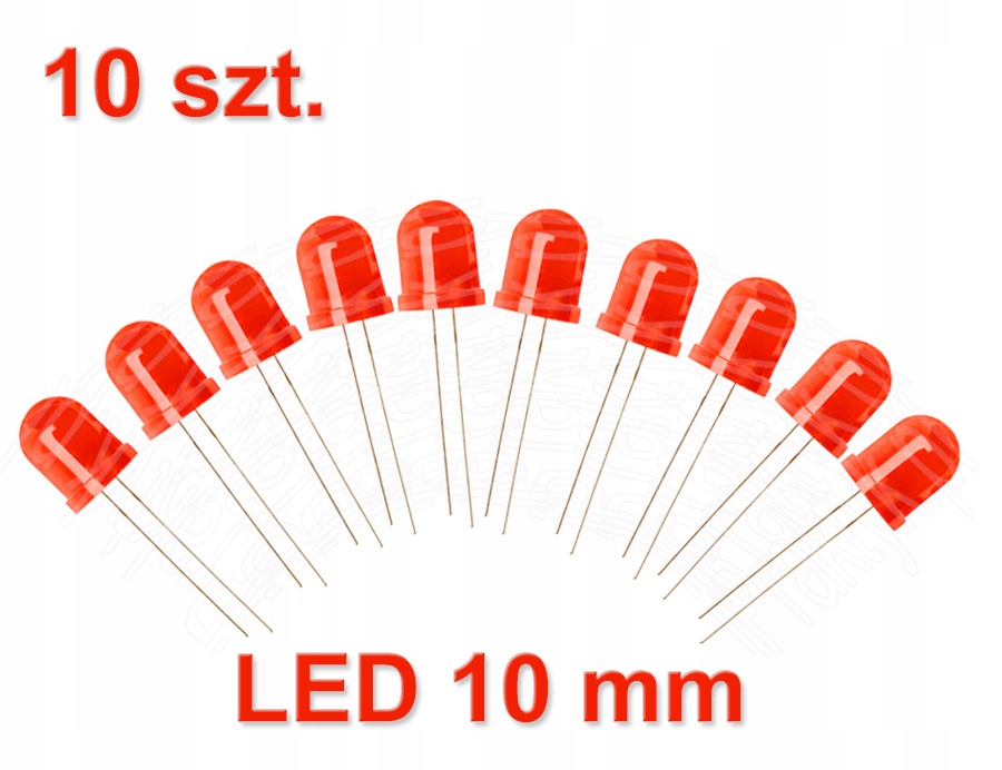 Komplet: 10 szt. 10mm Dioda Czerwona Matowa, 10x LED Red Diffused, Arduino