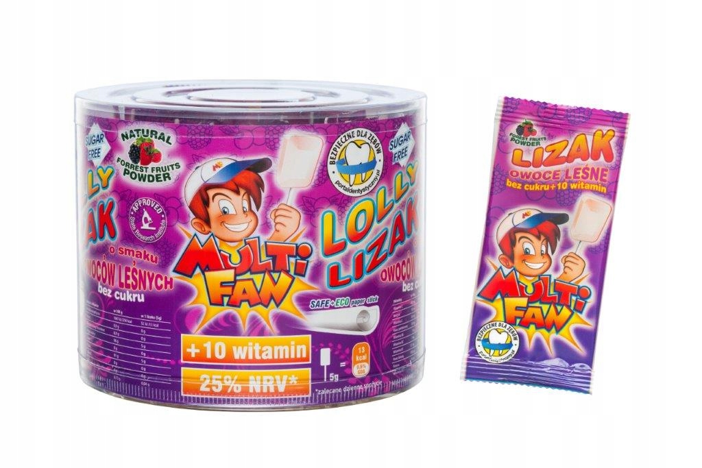 Multifan lízátka s příchutí lesního ovoce bez cukru s 10 vitamíny 50 Ks