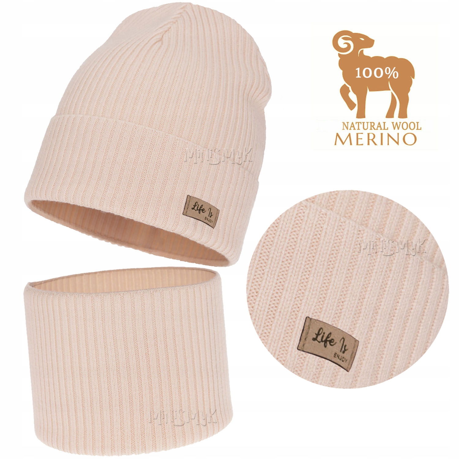 Różowy jasny Komplet Wełna Merino Czapka Komin jesień wiosna Prążek r 50-52