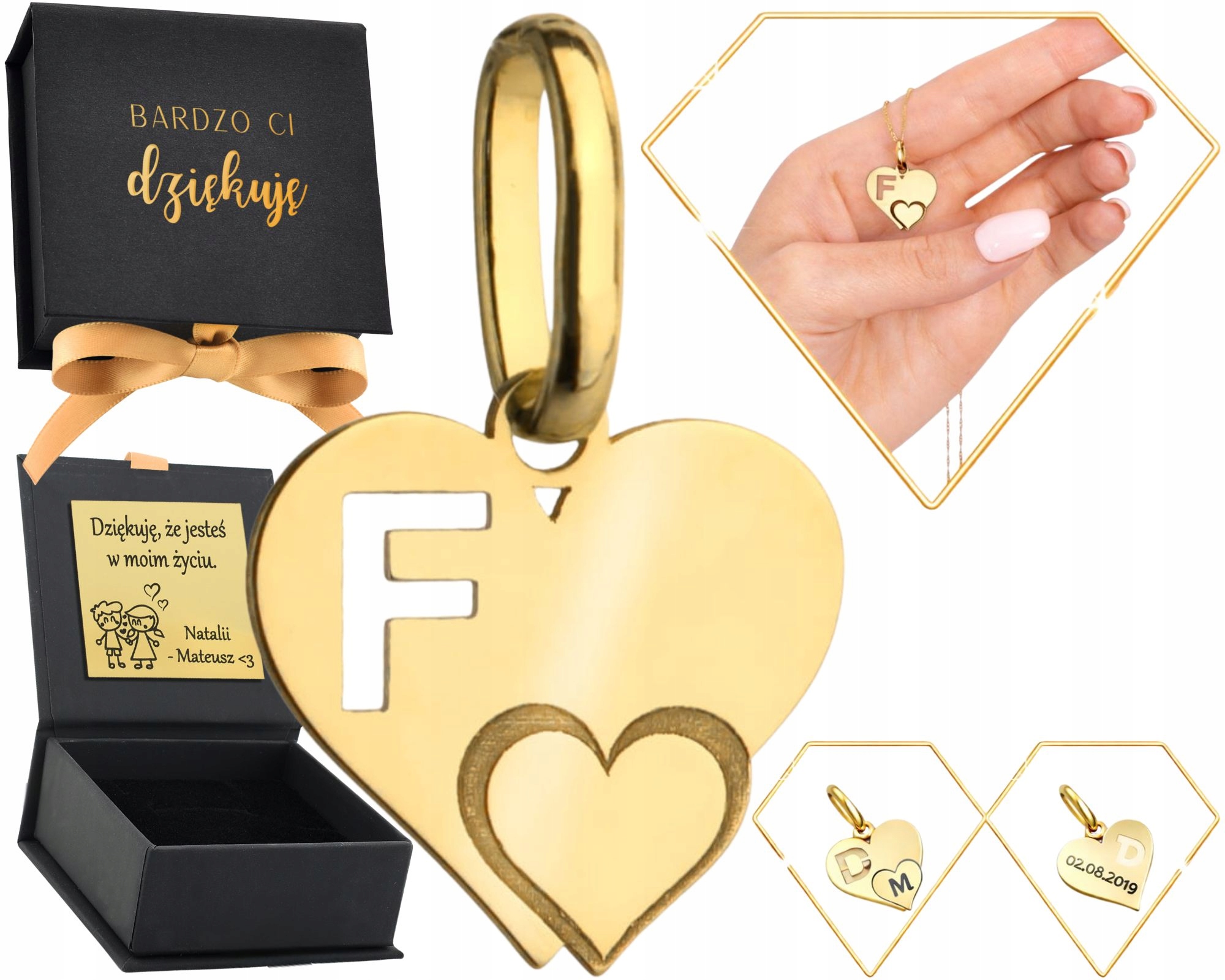 Zlatý přívěsek Srdce Srdíčko s písmenem F 585 Gravírování Datum Iniciály Itp.