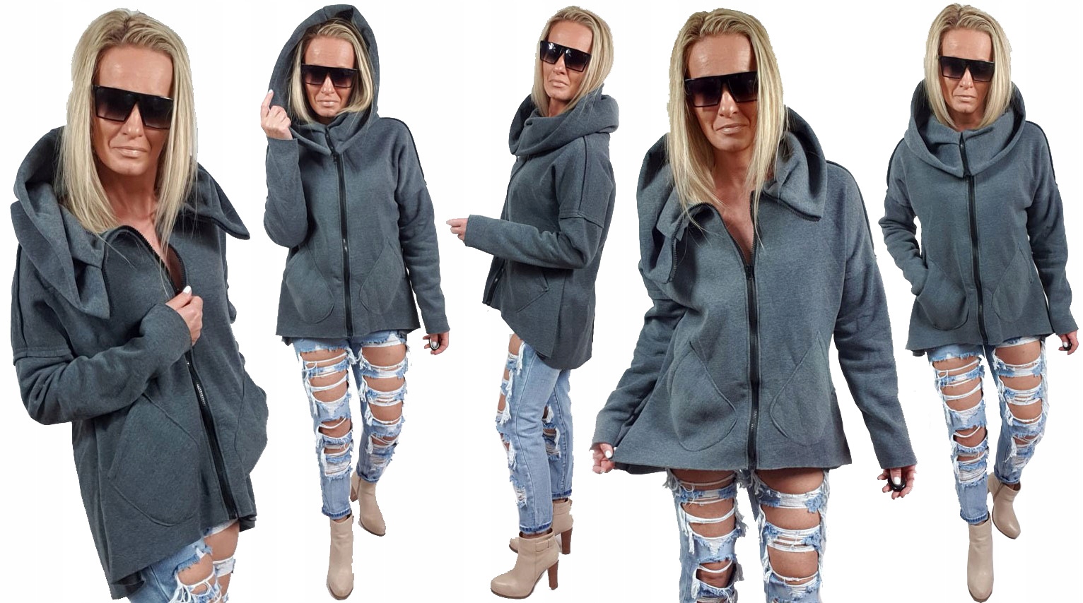 

Asymetryczna Bluza Tunika Kardigan Komin Kaptur M