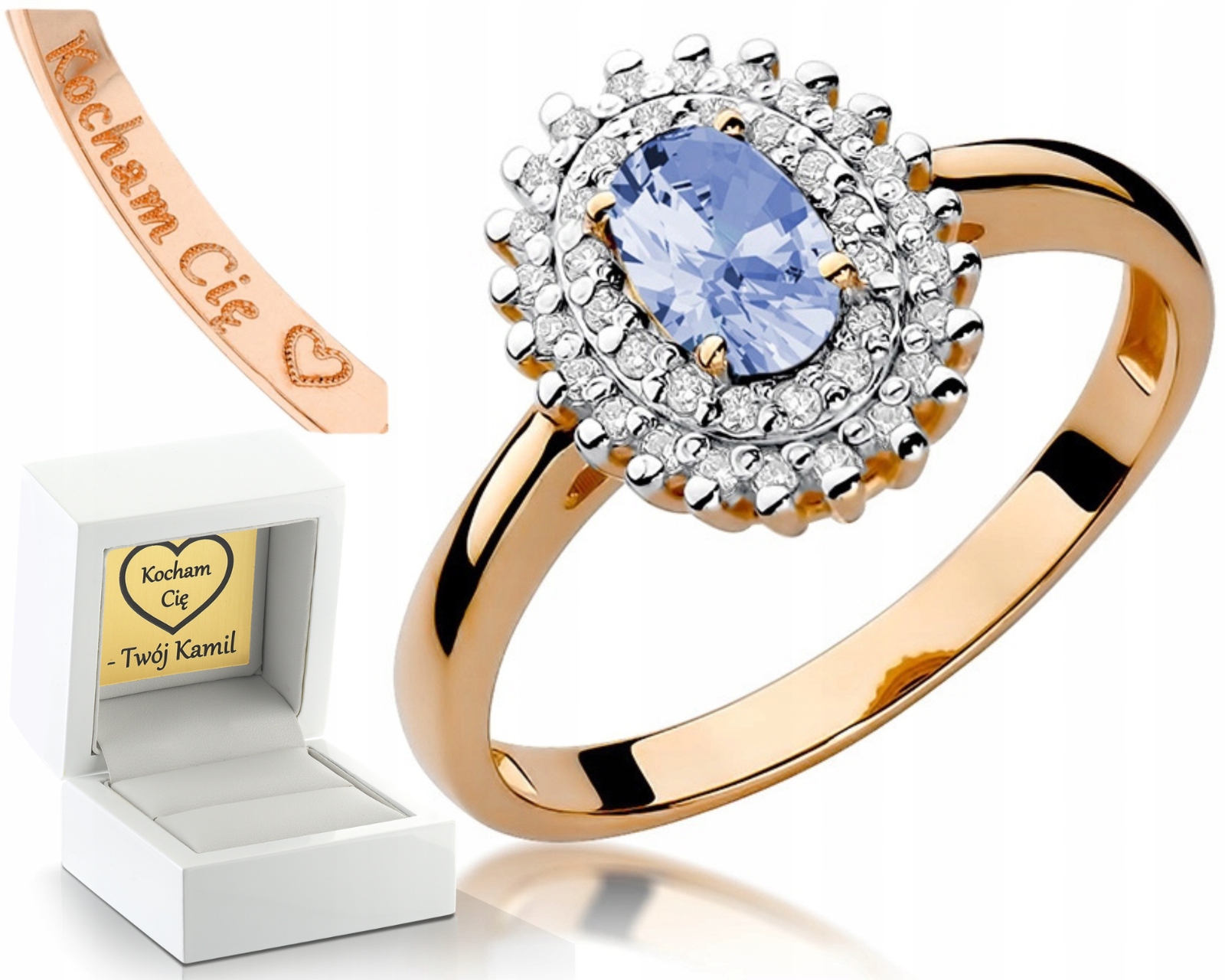 Růžové Zlato Prstýnek Tanzanitový Briliant Gravírování