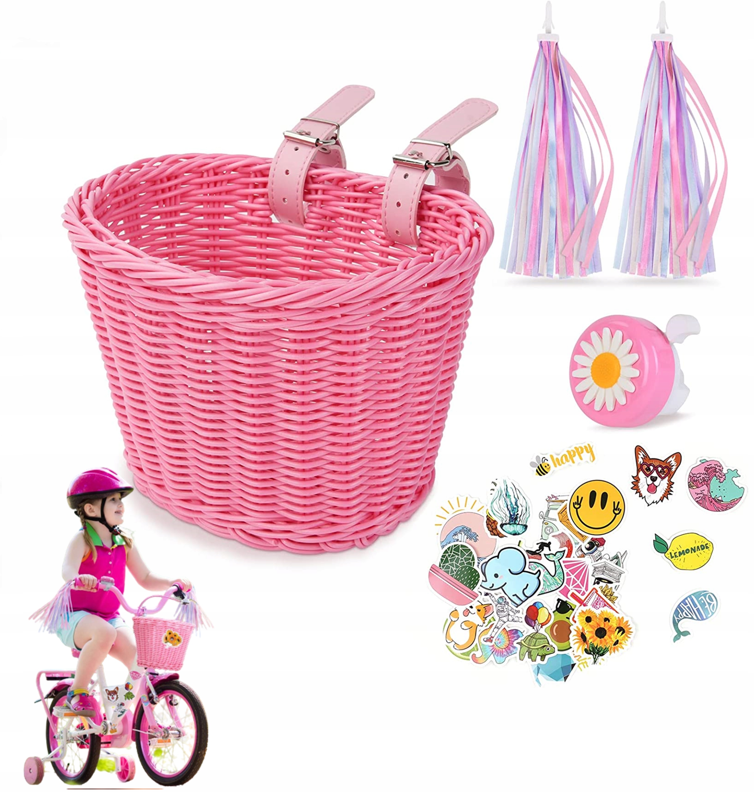 KOSZYK NA ROWER WSTĄŻKI DZWONEK NAKLEJKI ZESTAW DLA DZIEWCZYNKI KOSZ RÓŻ Wysokość 15.5 cm