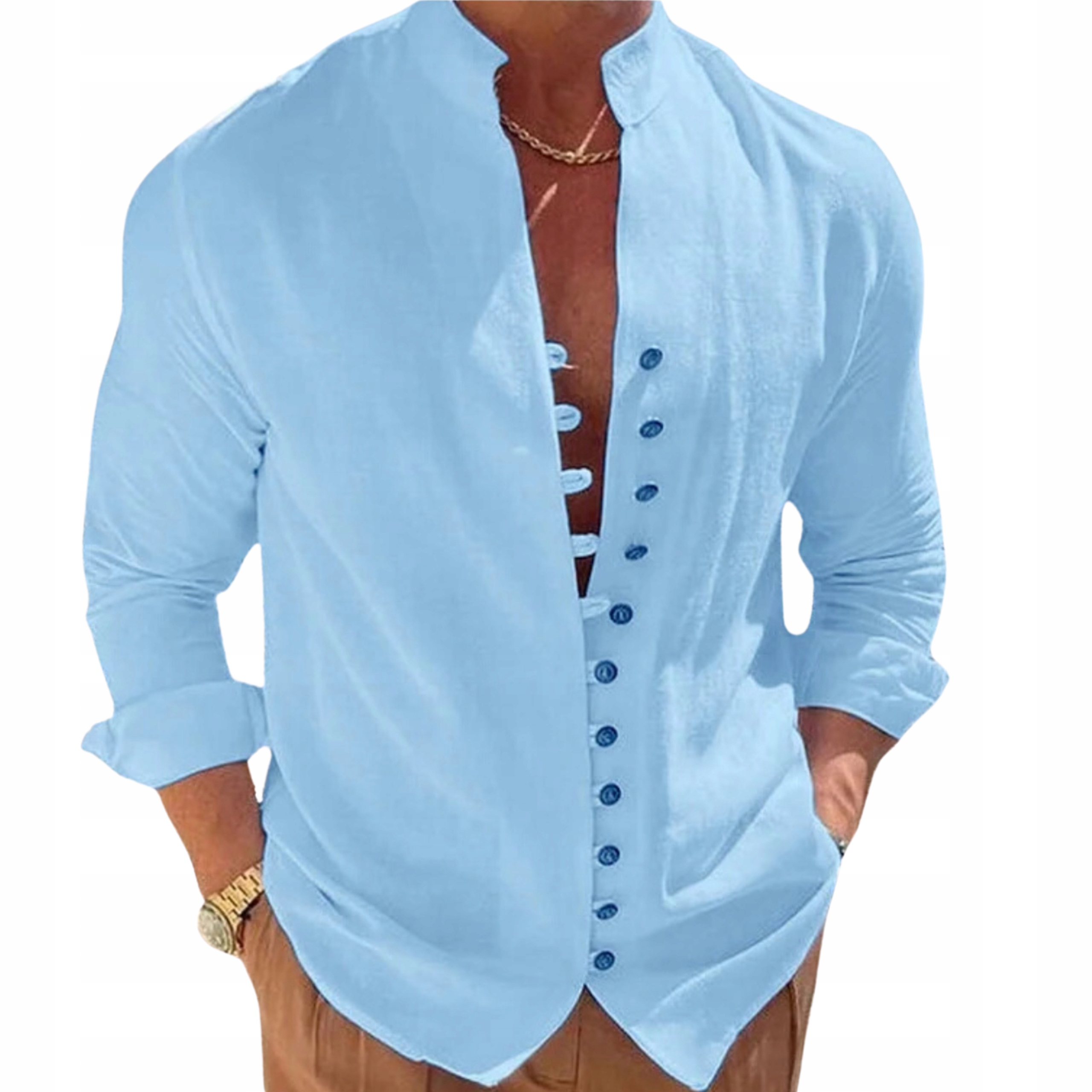 Bawełniana niebieska męska koszula z ozdobnymi guzikami i stójką
