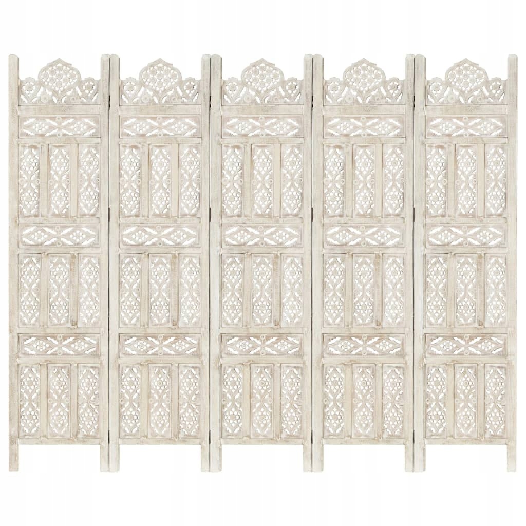 PARAWAN 5-PANELOWY RZEŹBIONY BIAŁY 200X165CM DREWNO MANGO