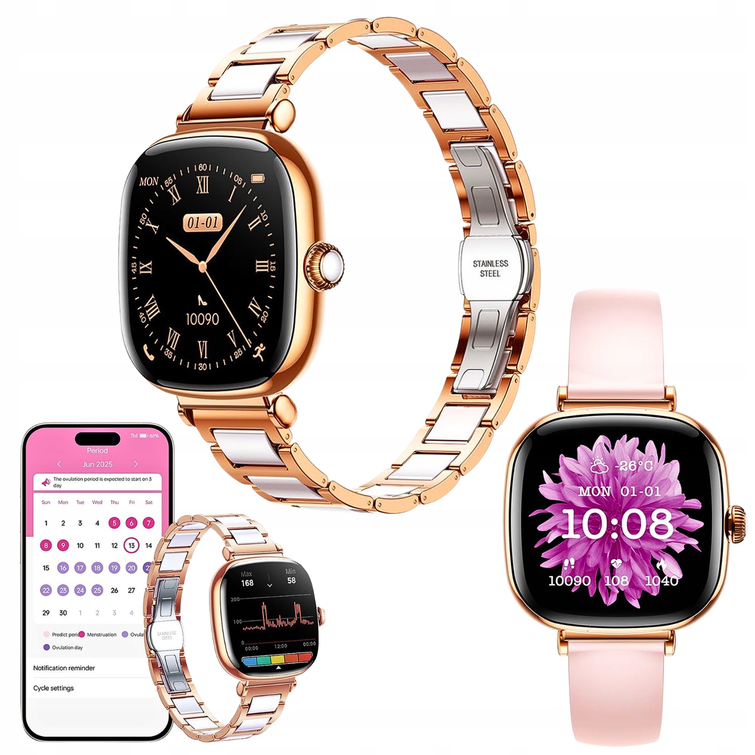Dámské Chytré Hodinky Amoled Monitorování Zdraví Přijímání Hovorů 2 Řemínky