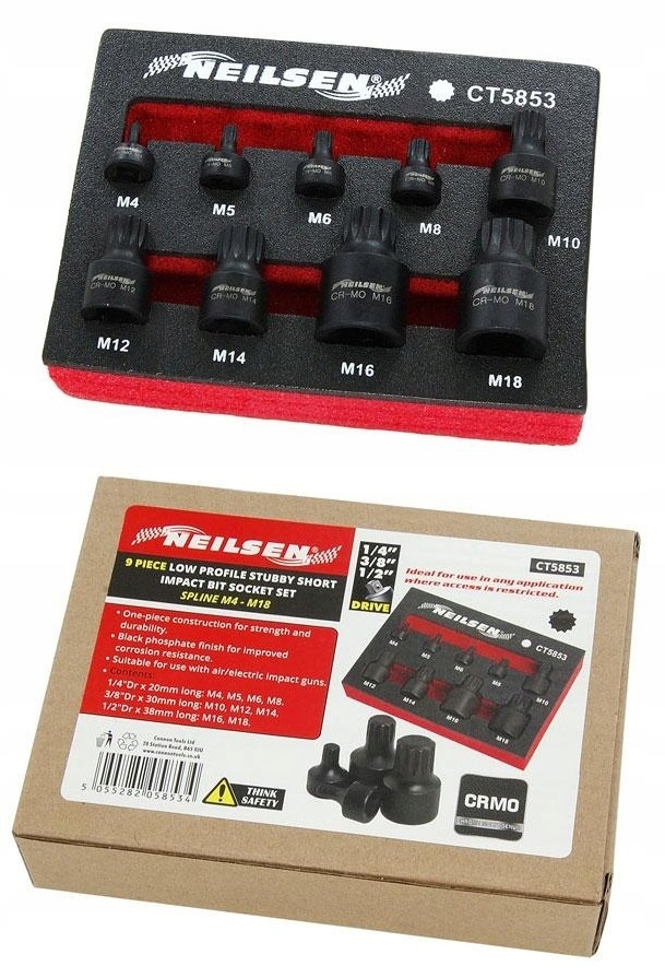 Zestaw Nasadek Klucze Nasadowe Spline Xzn M4-M18 Udarowych Krótkie Neilsen