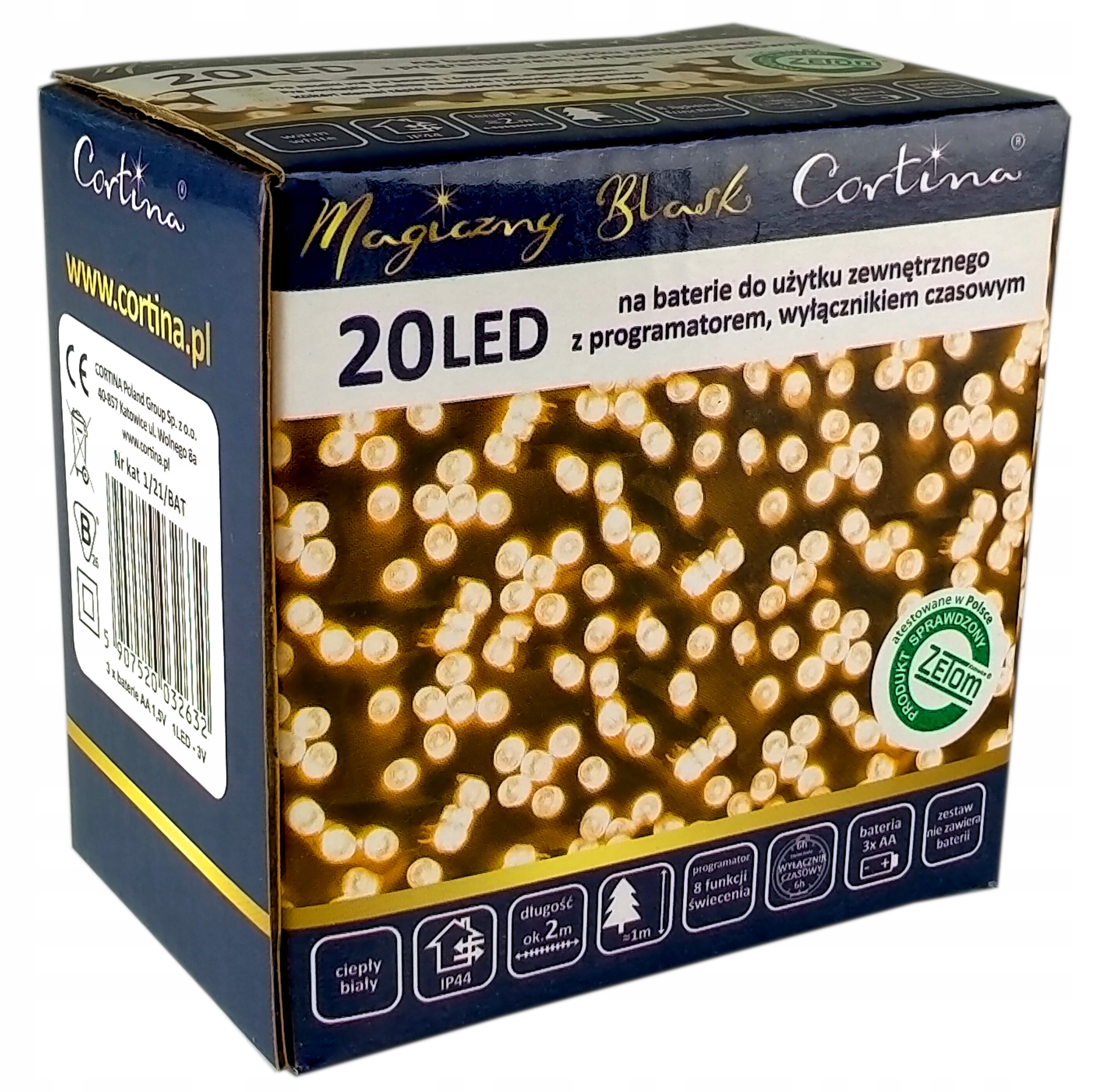 LAMPKI CHOINKOWE ZEWNĘTRZNE CIEPŁA BIEL NA BATERIE 20 LED FUNKCJE TIMER 2 M