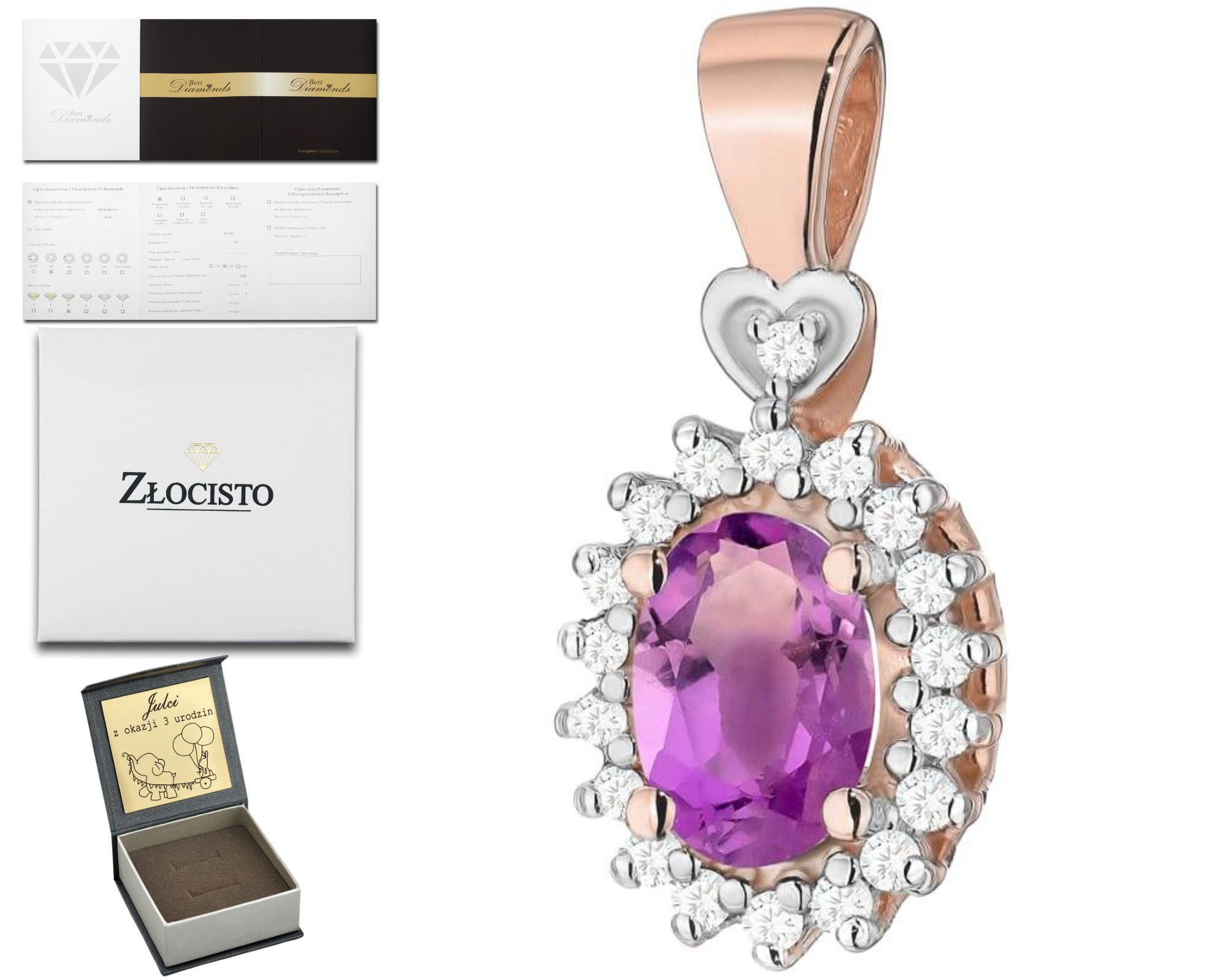 Růžové Zlato Přívěsek Briliant Diamant Ametyst 585 Dárek Gravírování