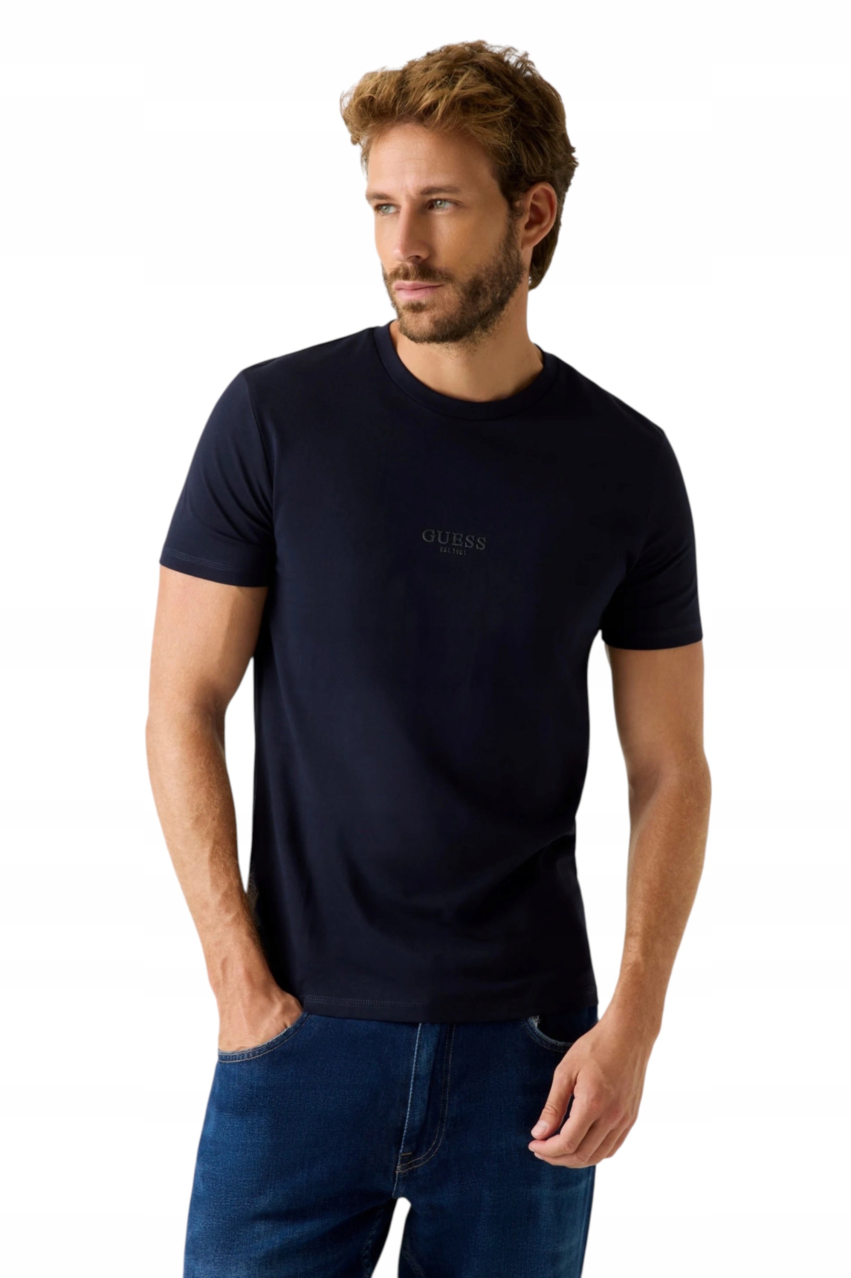 Guess Pánské tričko Slim Fit tričko bavlněné s krátkým rukávem, tmavě modré, velikost L