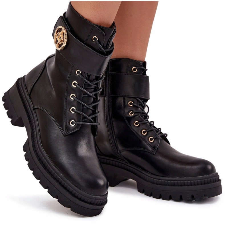 Kotníkové Boty Workery Eko Kůže Platforma Zlatý Detail Zip Černé 40