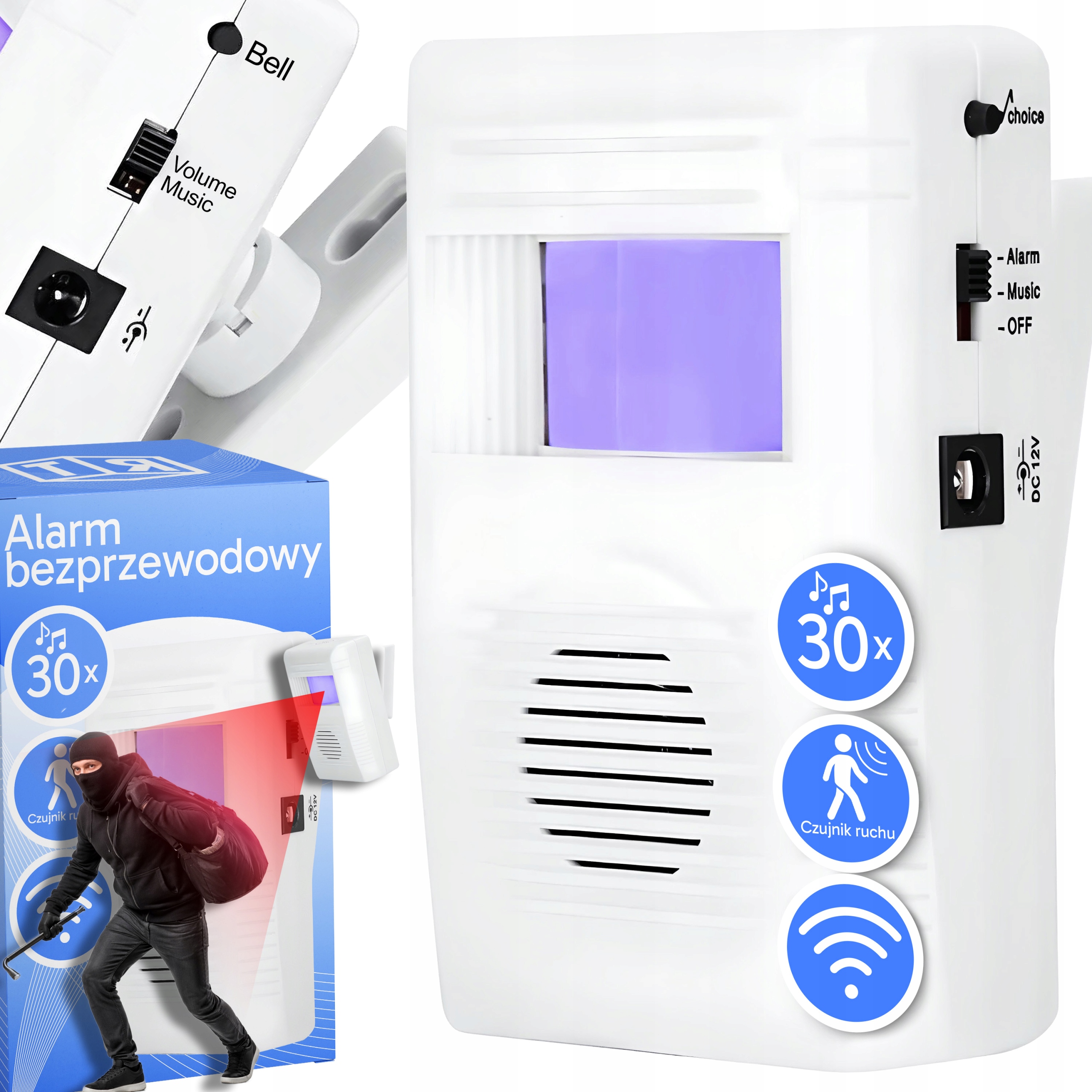 ALARM BEZPRZEWODOWY CZUJNIK RUCHU SYRENA ALARMOWA DZWONEK SYGNALIZATOR