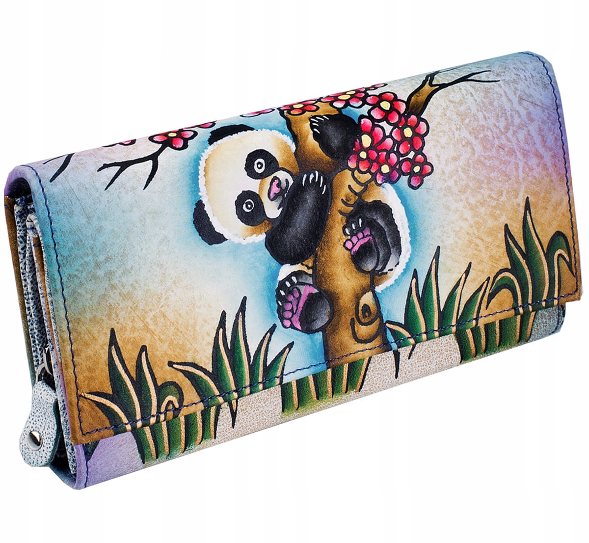 Kochmanski skórzany portfel damski średni ręcznie malowany panda