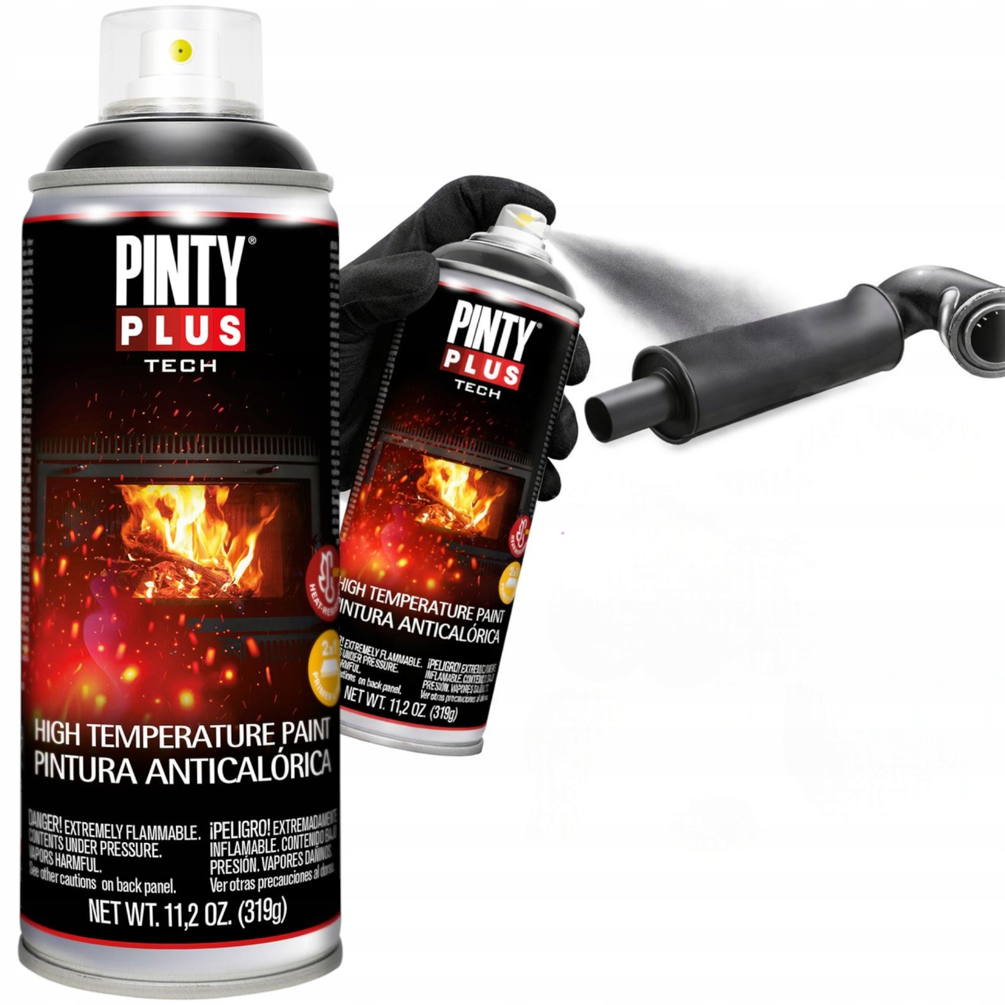 Pinty Plus Farba Żaroodporna Czarna 2w1 Podkład lakier Spray 400ML 600°C