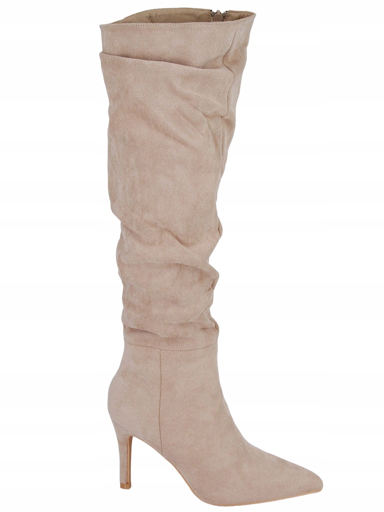 Dlouhé Kozačky Za Koleno V Semišové Špici S Nařaseným Svrškem, Béžové, Velikost 41