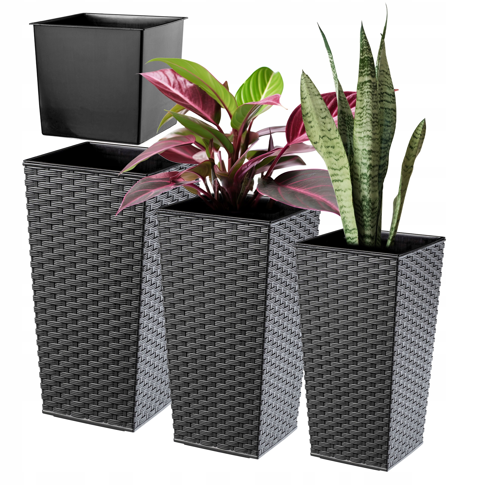 Zestaw 3szt Doniczka Donica Ogrodowa Wkład Wysoka Duża Grafit 37+47+57 cm