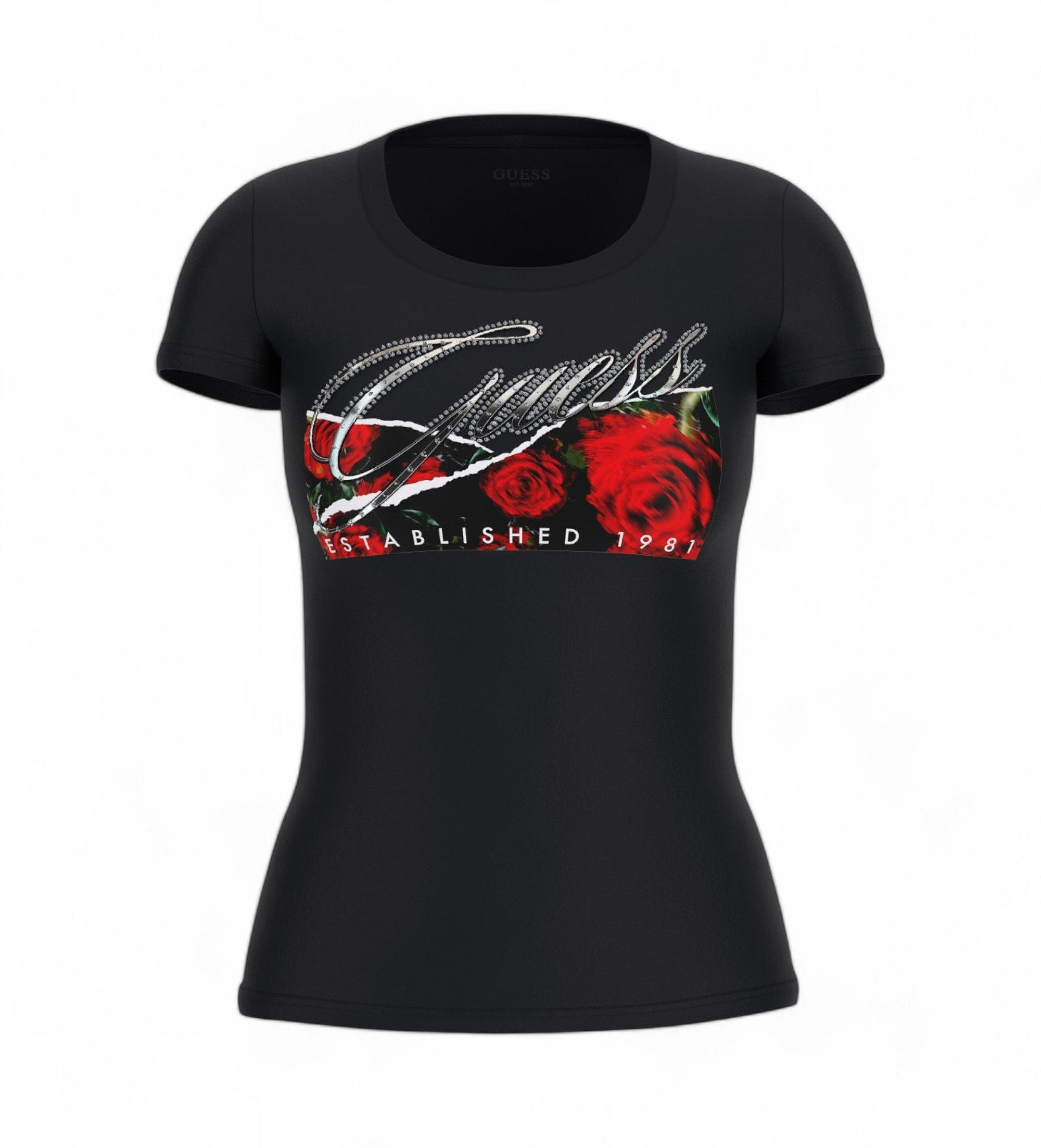 Dámské černé tričko Guess S Potiskem a kamínky, velikost S 2CB