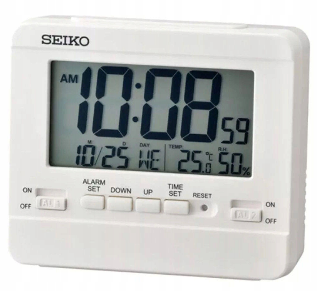 Bílý Elektronický Budík Seiko QHL086W Teploměr Vlhkoměr 2 Alarmy