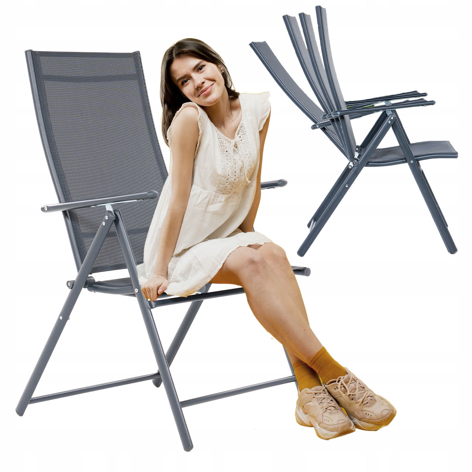 2 X Viacpolohové Skladacie Záhradné Kreslo Meven, Šedé, Nastaviteľné Operadlo