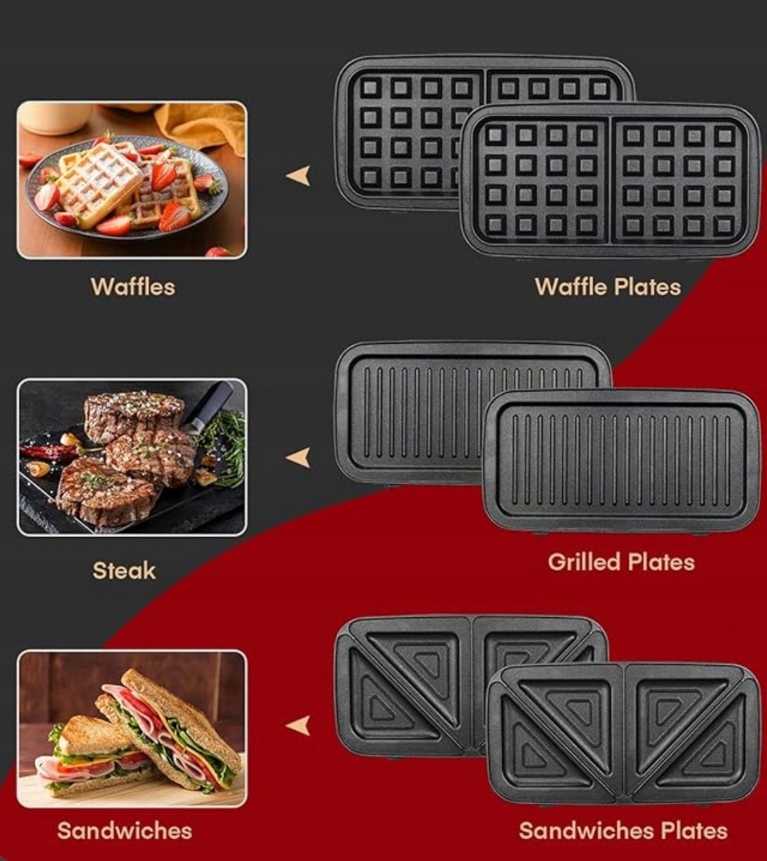 SANDWICHMAKER 3W1 GOFROWNICA GRILL KONTAKTOWY 1200W ANTYPOŚLIZGOWY — miniatura 15