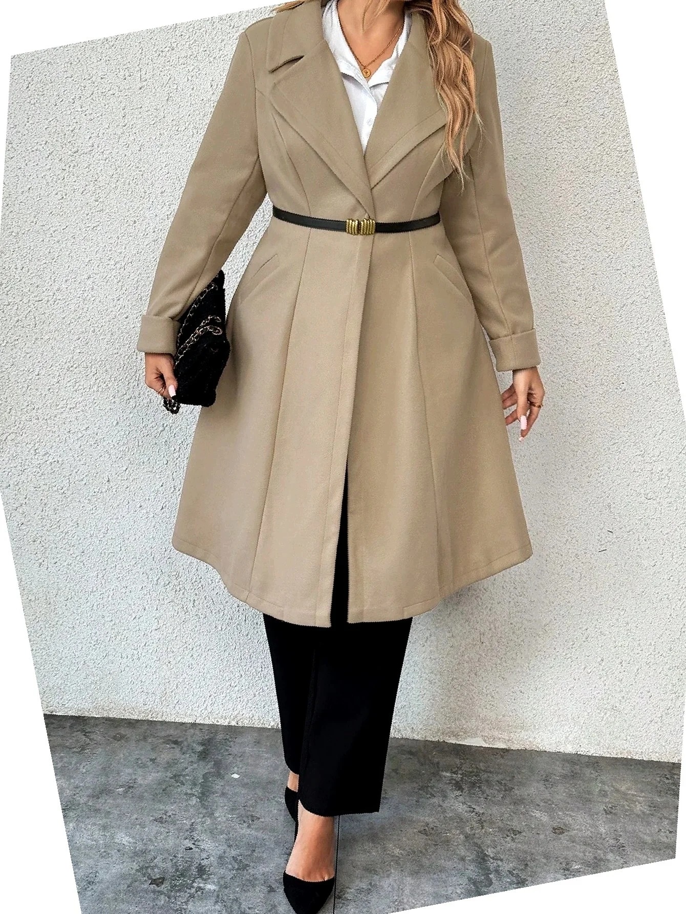 Khaki kabát s rozevřením za koleno a páskem, dlouhý rukáv, 3XL, velikost 46