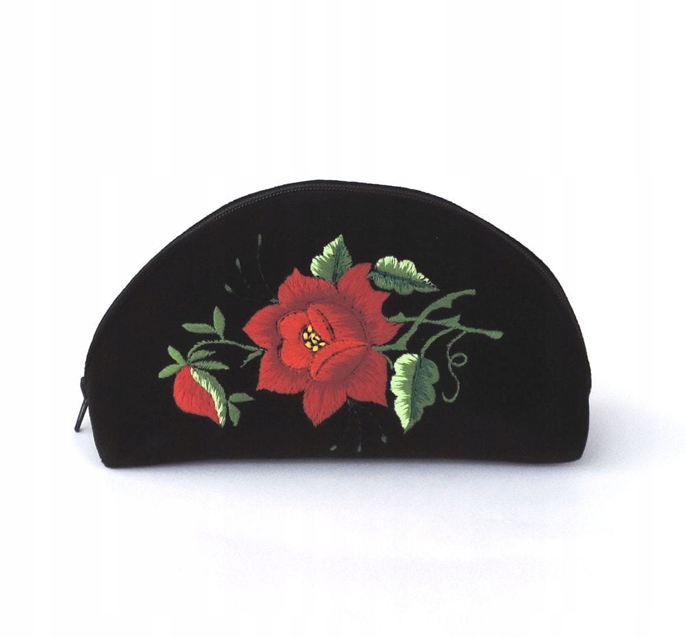 Černá Kosmetická Taška Folk Rybářská Výšivka Červená Růže Ruční Práce