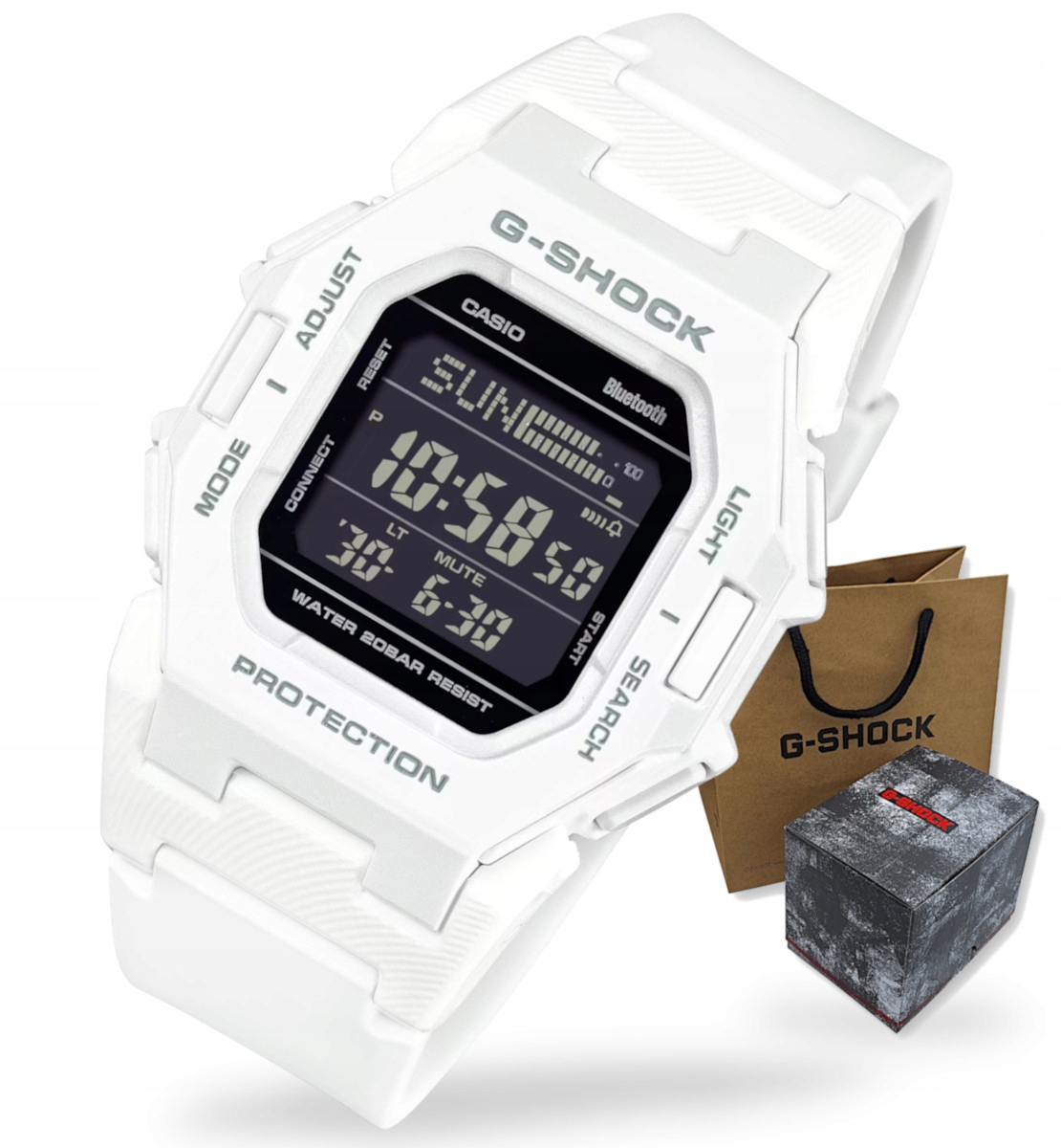 Bílé chytré hodinky na řemínku Casio G-Shock GD-B500 Krokoměr Bluetooth Box