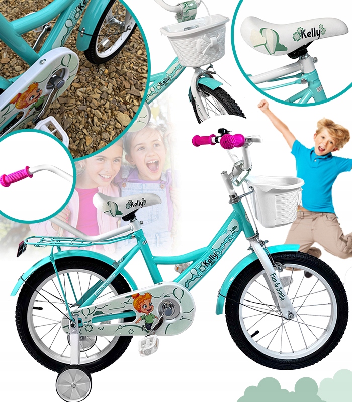 Rowerek Dziecięcy 16 Ca Miętowy Dzwonek Hamulec Koszyk Bagażnik Koła Boczne