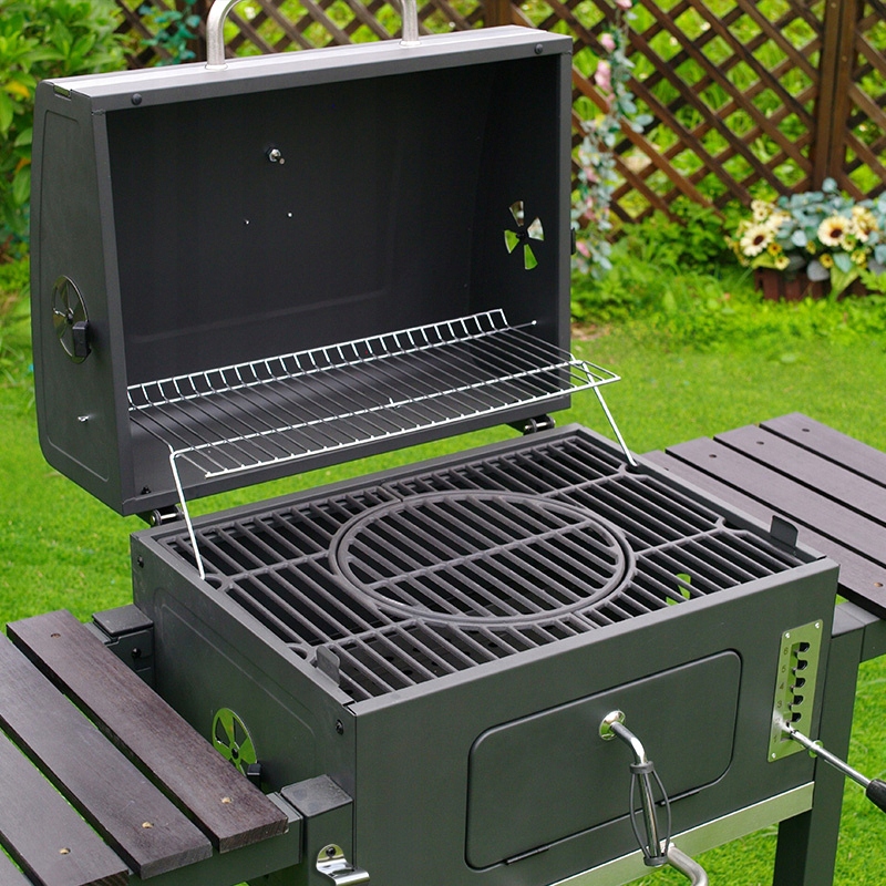 GRILL OGRODOWY WĘGLOWY Z POKRYWĄ I PÓŁKAMI VL13 DUŻY XXL SZARY + SZCZYPCE Szerokość grilla 114.5 cm