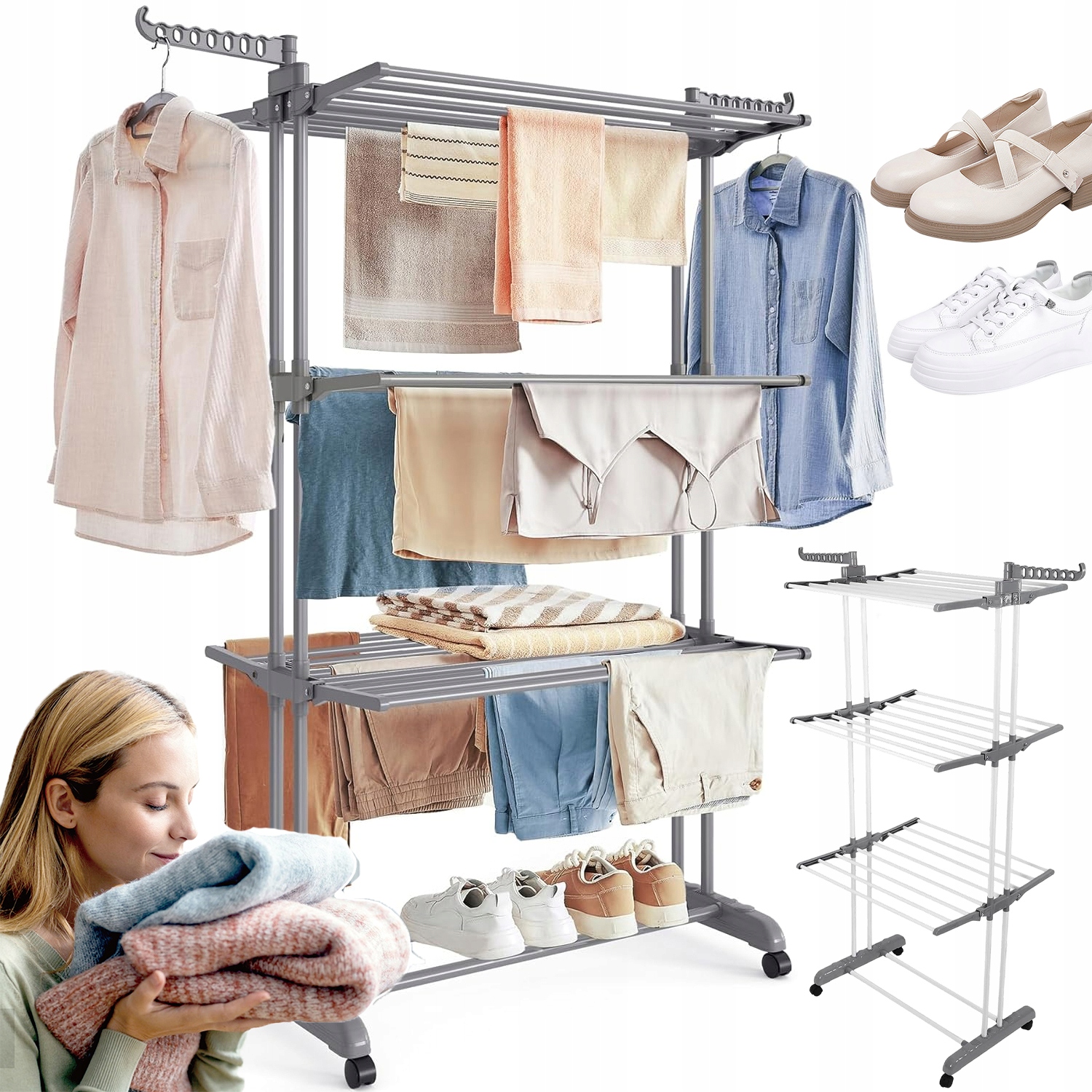 Levně Vertikální Skládací Sušák Na Oblečení S Kolečky A 4 Úrovněmi Povrchu