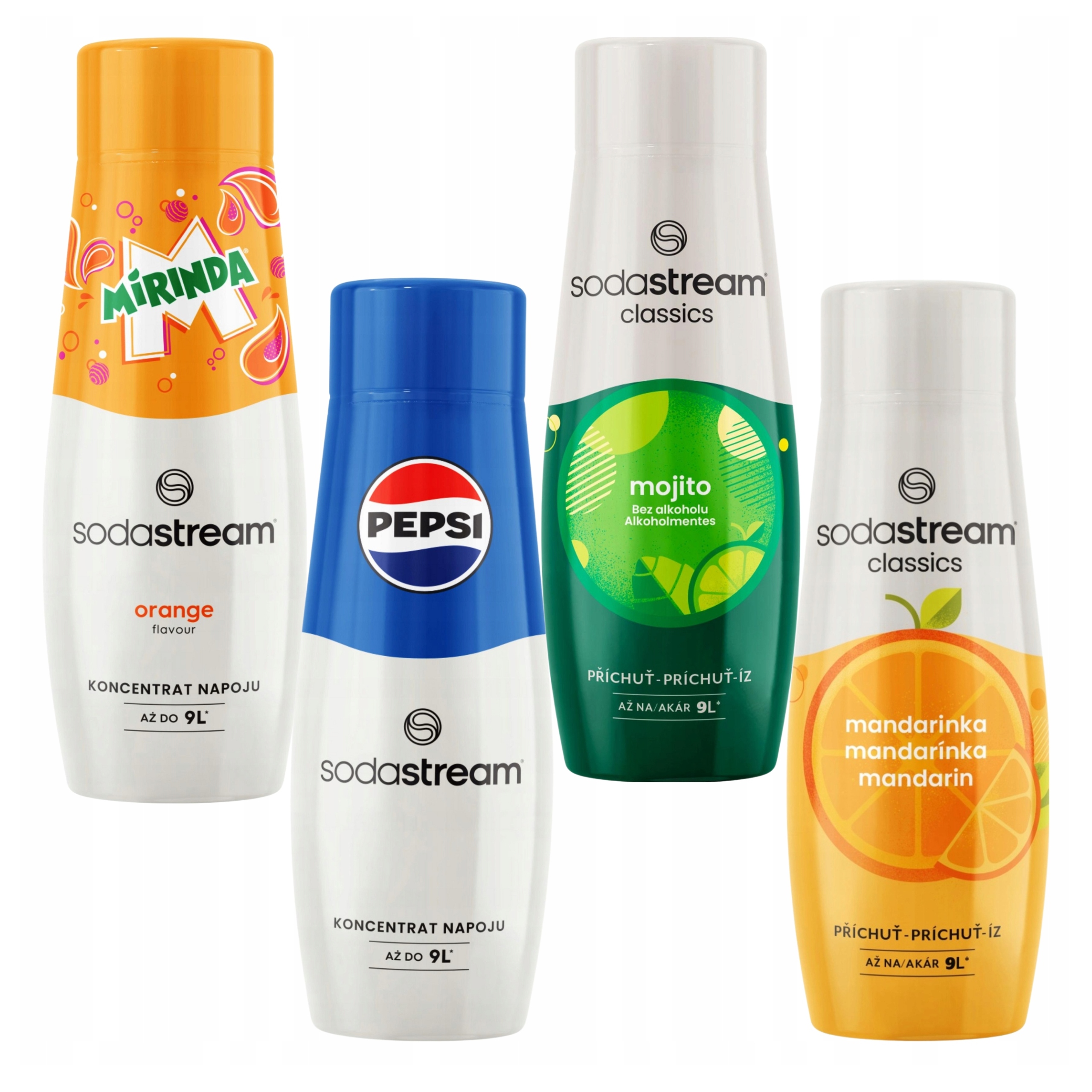 Sada 4 sirupů Sodastream Mirinda Pepsi Mojito Mandarinka do vody