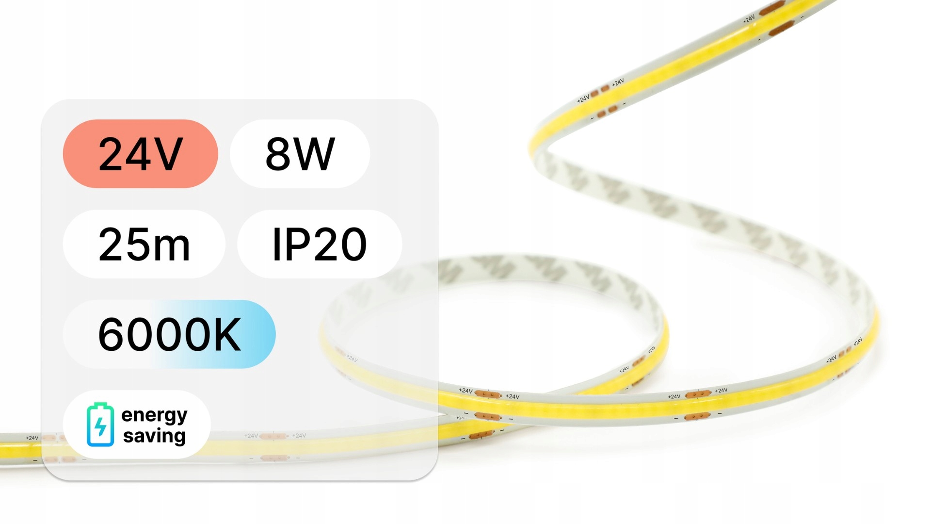 25mb Led Páska 24V Cob 8W 320LED IP20 6000K 140lm/W 8mm Pcb