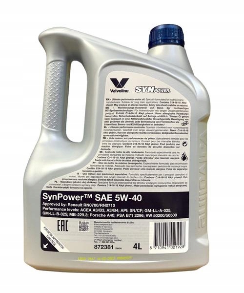 VALVOLINE SYNPOWER 5W-40 VW502.0/505 4L Rodzaj syntetyczne