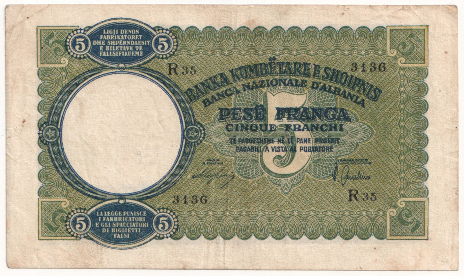 8.aj.Albania, 5 Franga 1939, P.6.a, St.3+