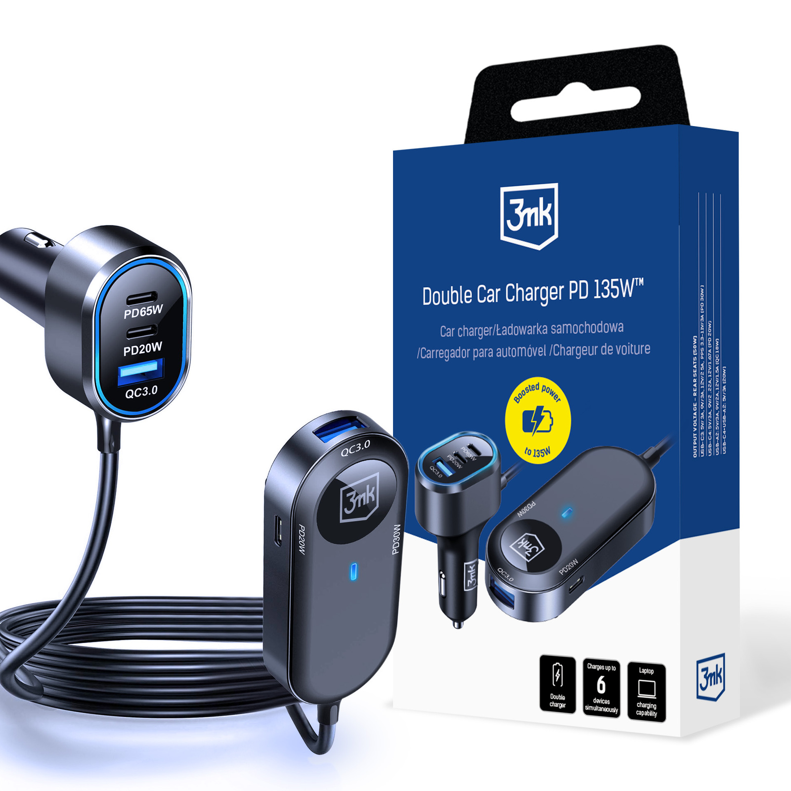 Ładowarka samochodowa 135W Pd Qc Pps Usb-c Usb-a 3mk Car Charger czarna