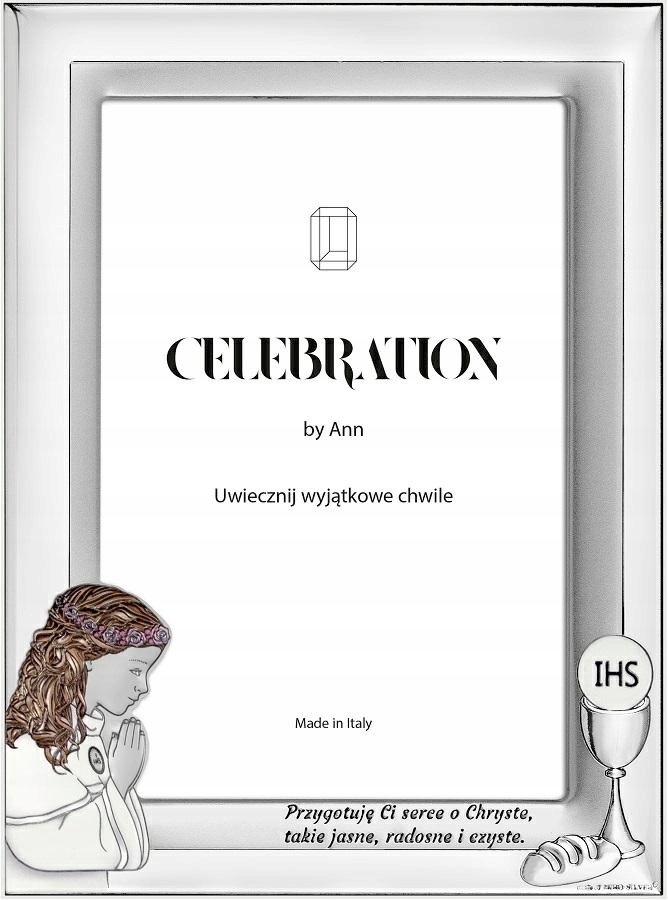 SREBRNA RAMKA NA ZDJĘCIE 13x18 PAMIĄTKA KOMUNII DZIEWCZYNKA GRAWER Wysokość produktu 23.5 cm