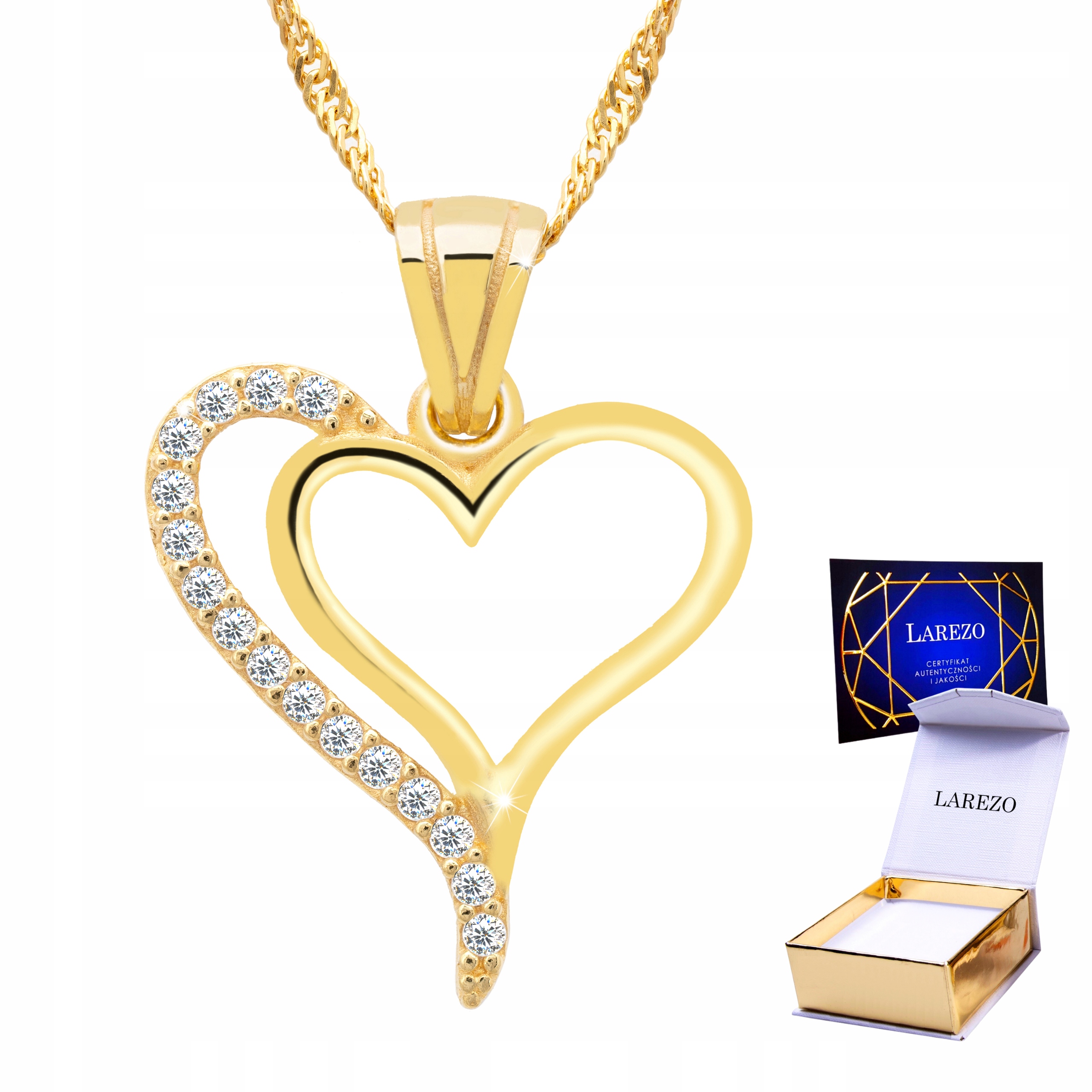 Zlatý náhrdelník 925 Dvojité srdce Láska s zirkony Dvě srdce